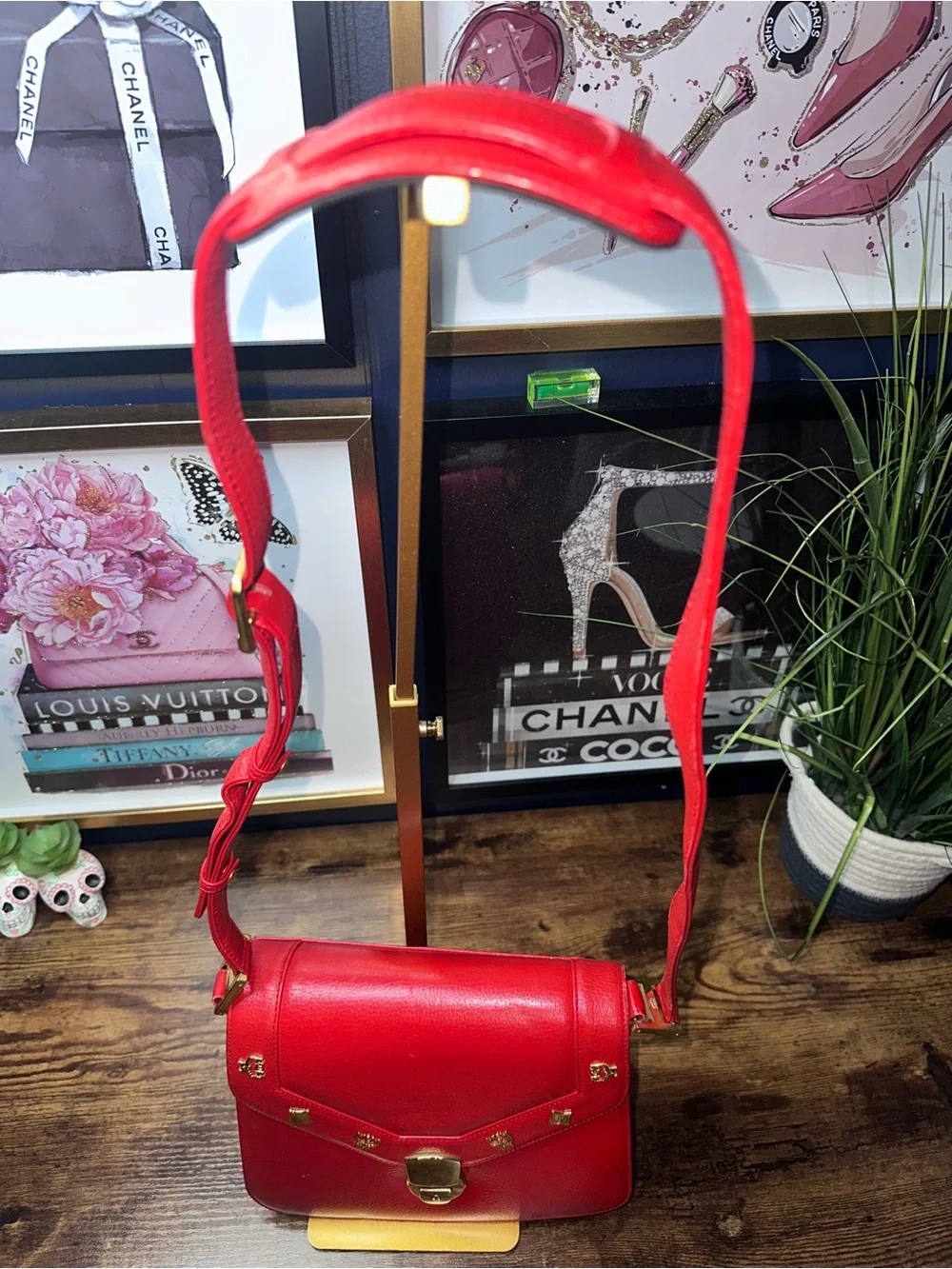 MCM Patricia Red Pebbled Leather Crossbody Bag Gold Studs  Vintage